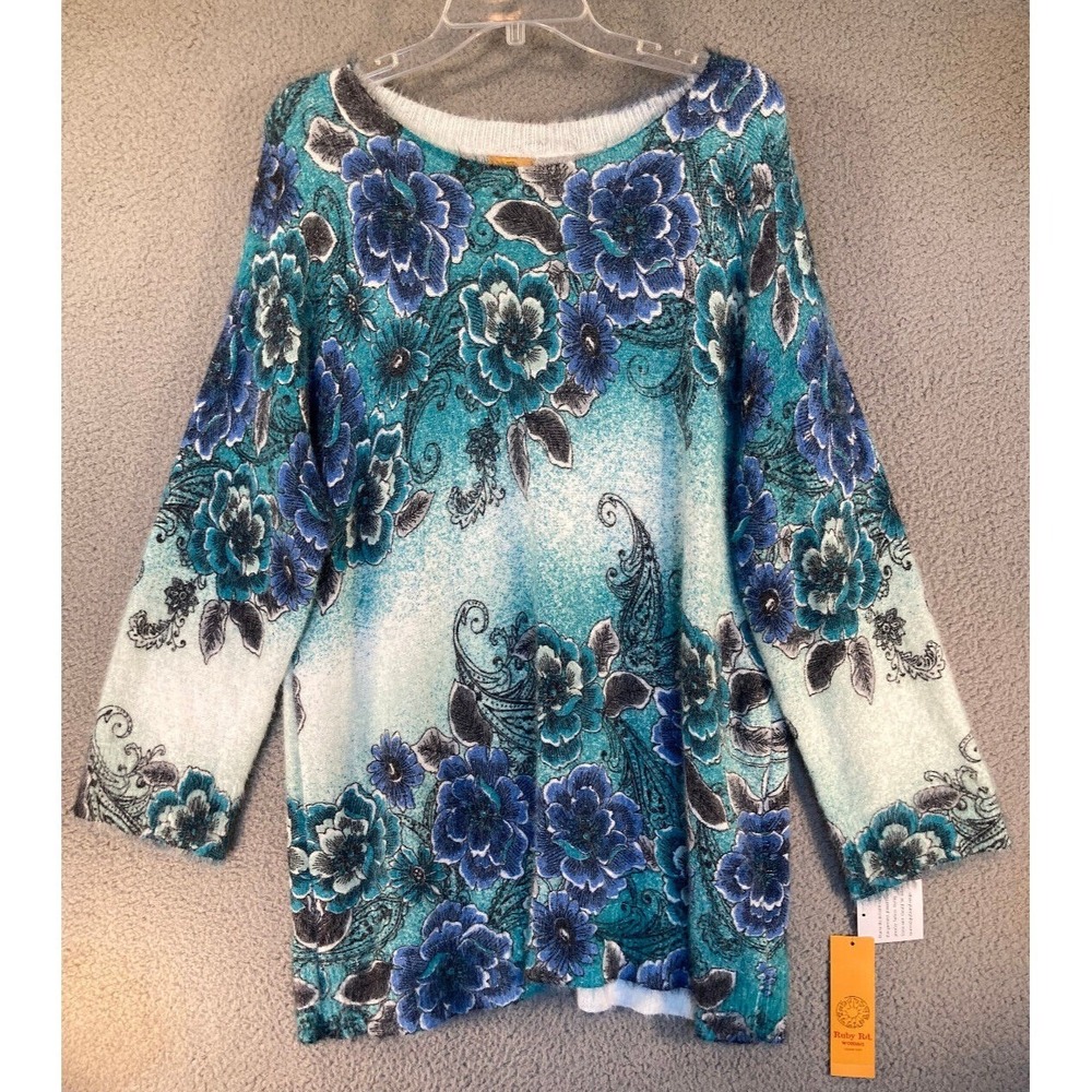 Ruby Rd.‎ Sweater Women's Plus 1X Fuzzy Blue Floral Pullover Long Sleeve NEW